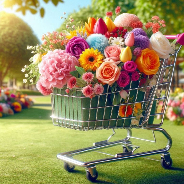 Carrito de la compra lleno de flores coloridas en un entorno natural.